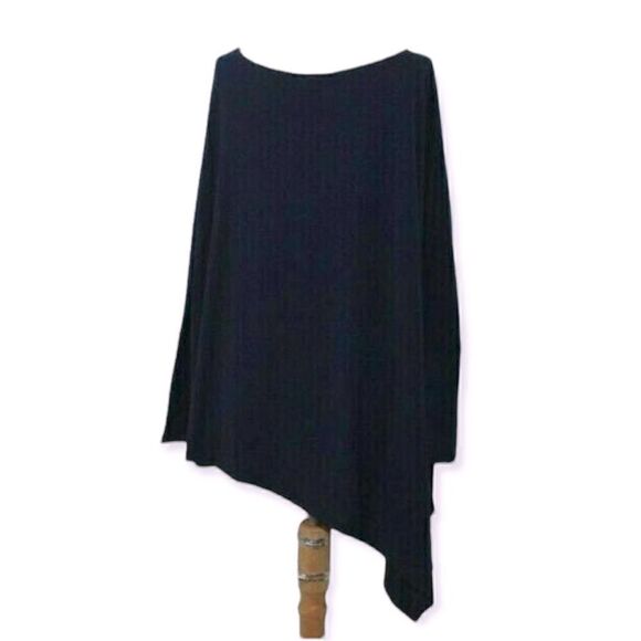 MISSLOOK NAVY BLUE ASYMMETRICAL HEM LONG SLEEVE STRETCHY TRAPEZE TOP LARGE NWOT - Picture 2 of 7